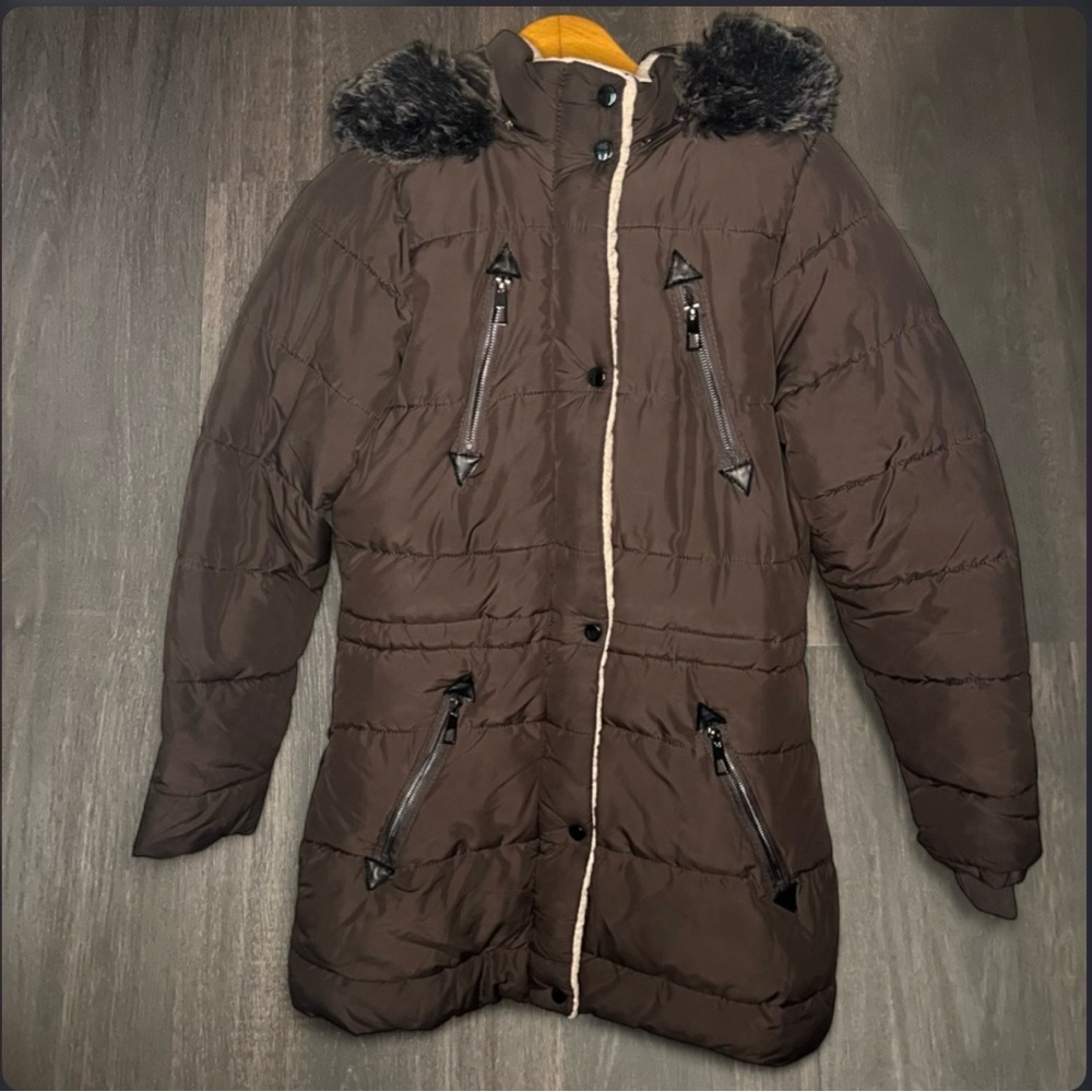 How Dare U Brown Puffer Coat‎ Faux Fur Hood Large